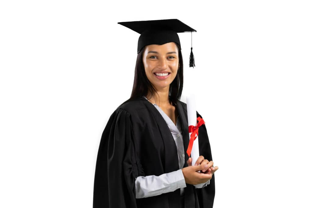 Mixed race female student holding a certificate graduating