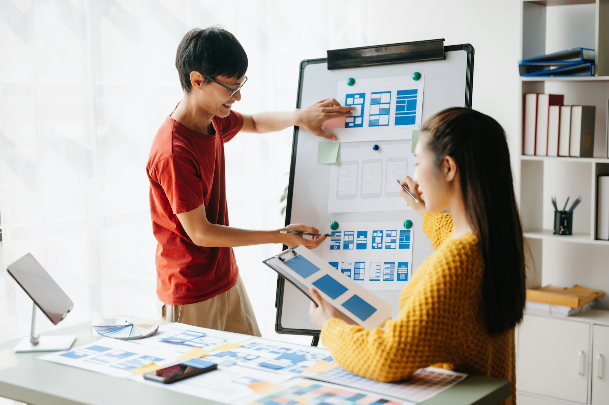 Asian businessman and woman people meeting in office. Employee brainstorm and work as team, plan